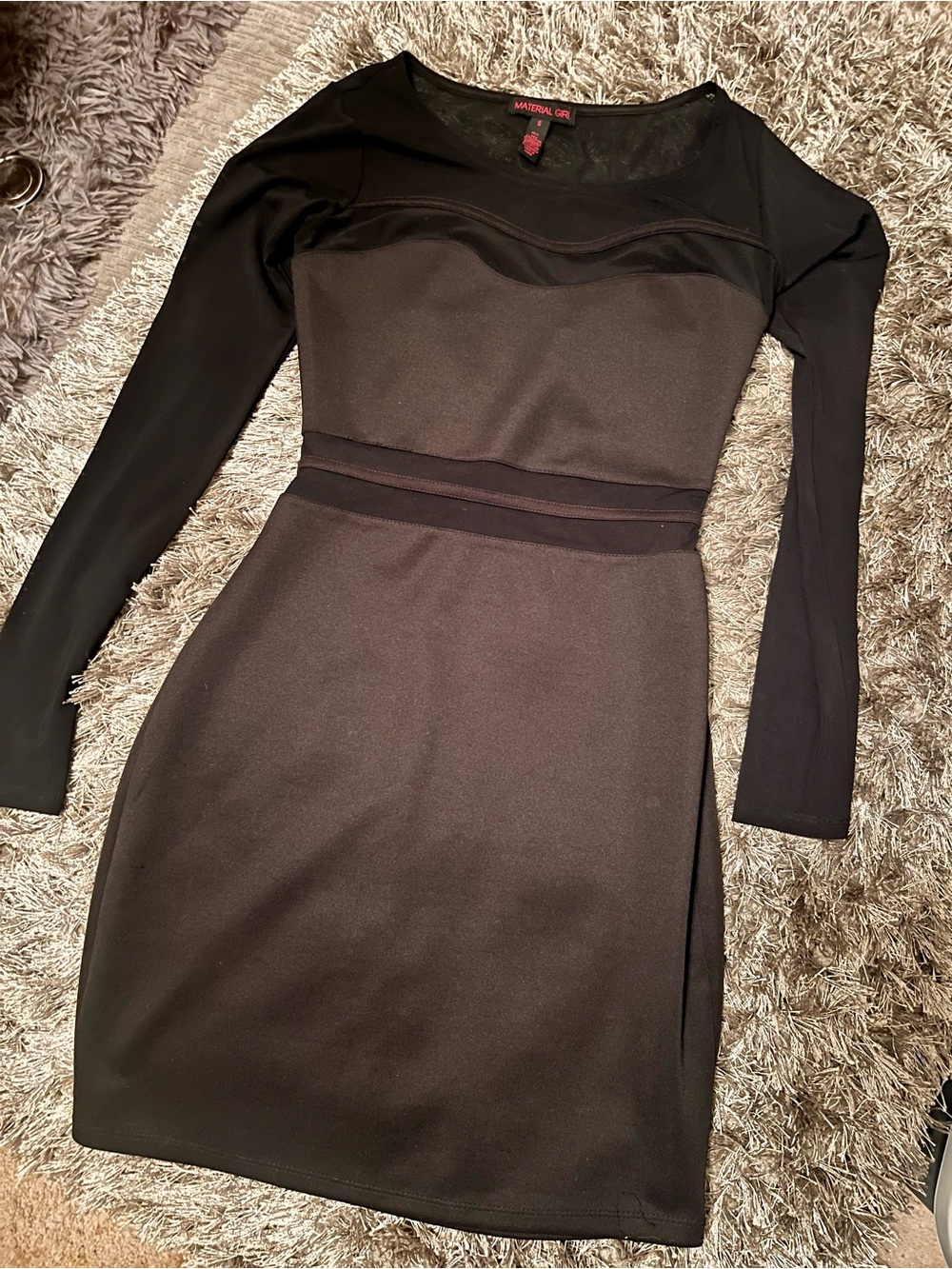 Material Girl Black Long-Sleeve Sheath Dress with Mesh Detail